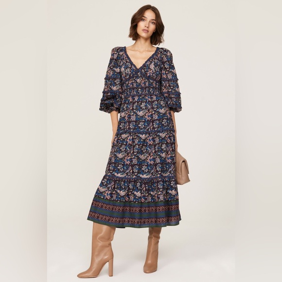 SEA NEW YORK Navy Pink Noah Smocked Long Sleeve Midi Dress Size‎ 2 - Picture 2 of 7